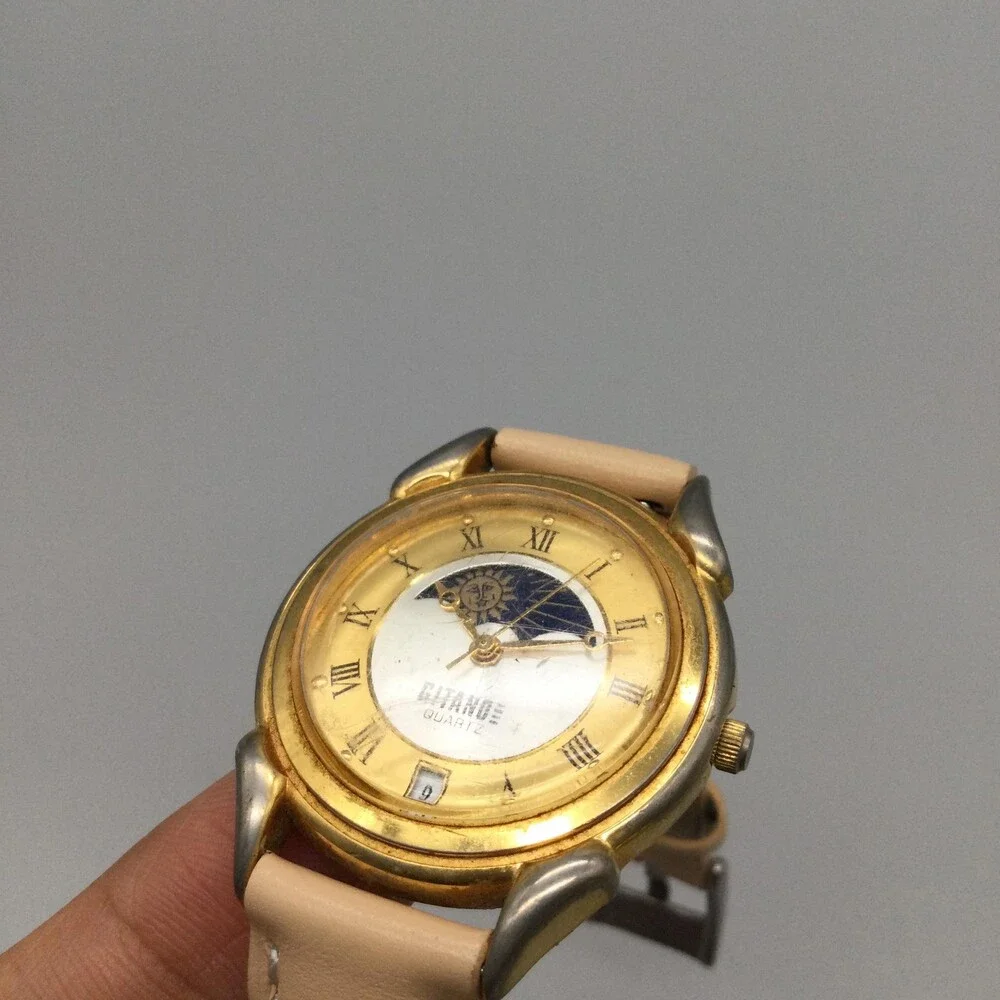 Vintage Gitano Womens Watch 33mm Gold Tone Leather Date Day Night New Battery